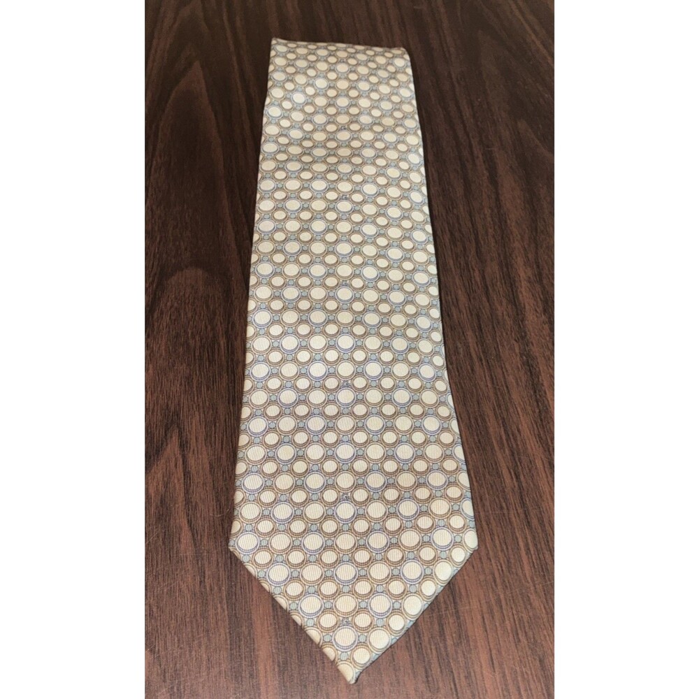 Gucci Silk Tie Made in Italy Cream Tan Blue Geometric Interlocking Circle